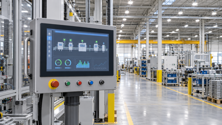 Industrial LCD control panel under factory LED lighting